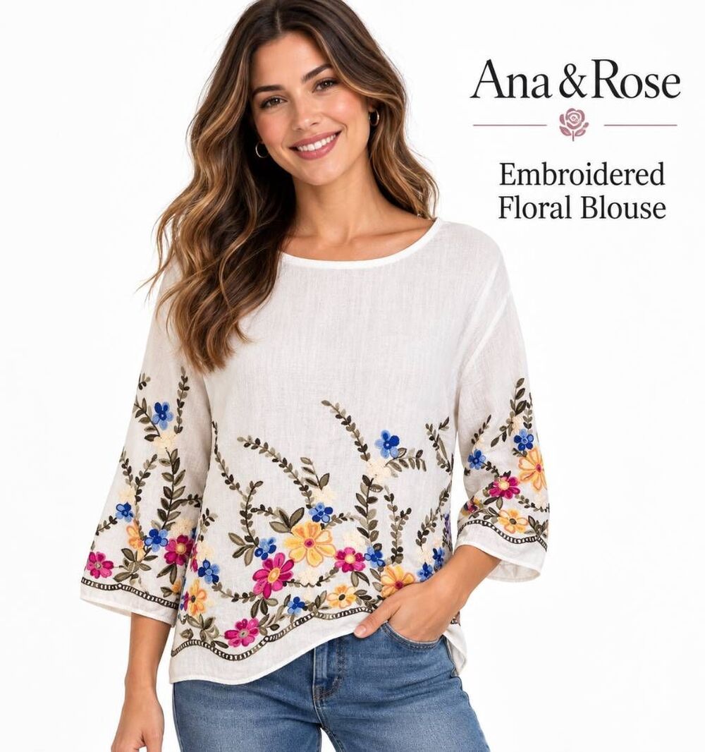 Ana & Rose Womens White Colorful Embroidered Floral Boho Peasant Blouse XL